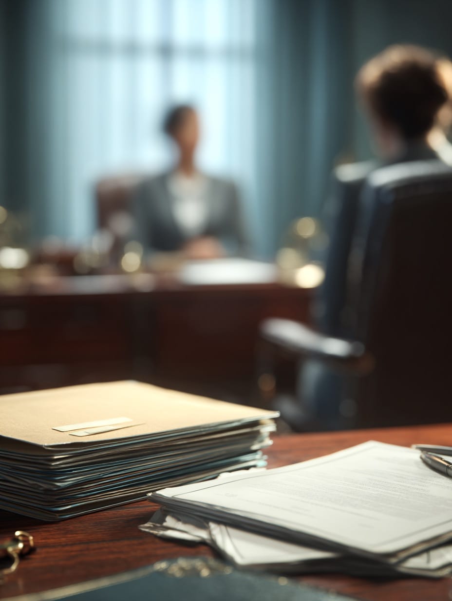 An attorney sitting at a desk across from a client.